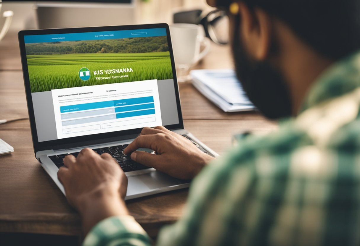 A farmer filling out an online application for the PM Kisan Tractor Yojana on the official website