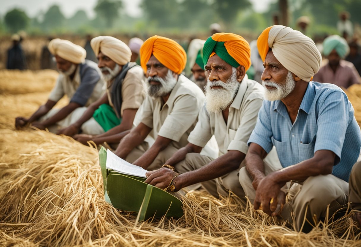 A group of farmers receiving updates and announcements about the Pradhan Mantri Kisan Samman Nidhi program