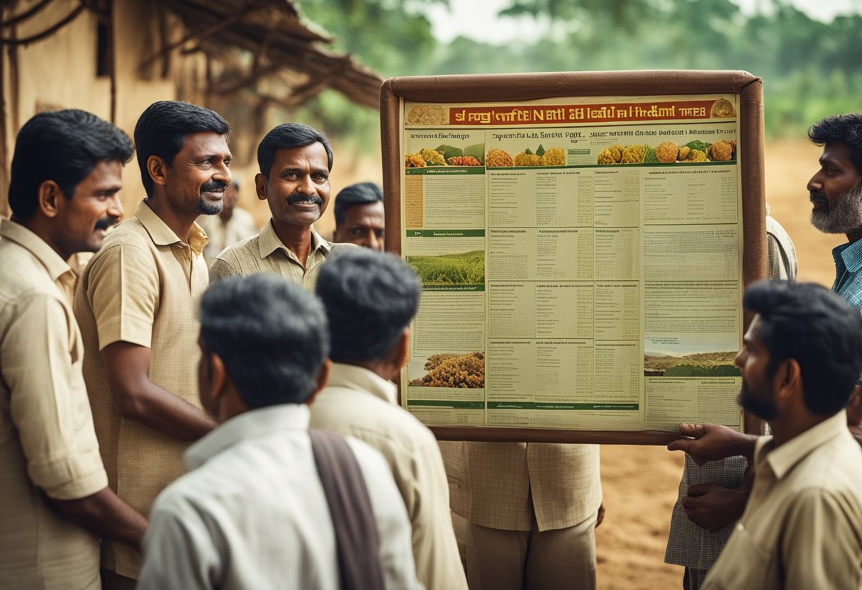 A group of farmers gather around a bulletin board, eagerly reading the latest news about the Pradhan Mantri Kisan Samman Nidhi scheme