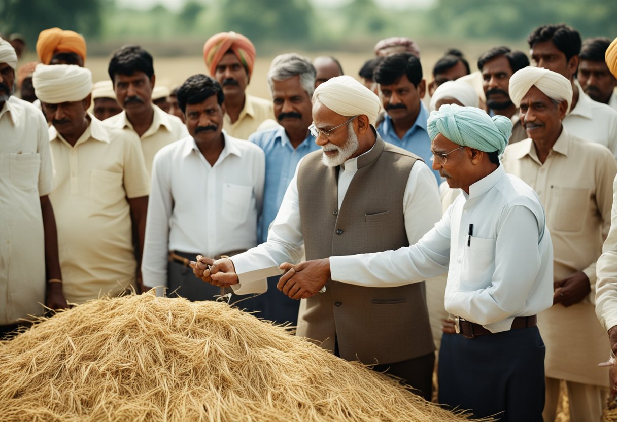 Farmers receiving financial aid under PM-KISAN, surrounded by government officials and agricultural equipment