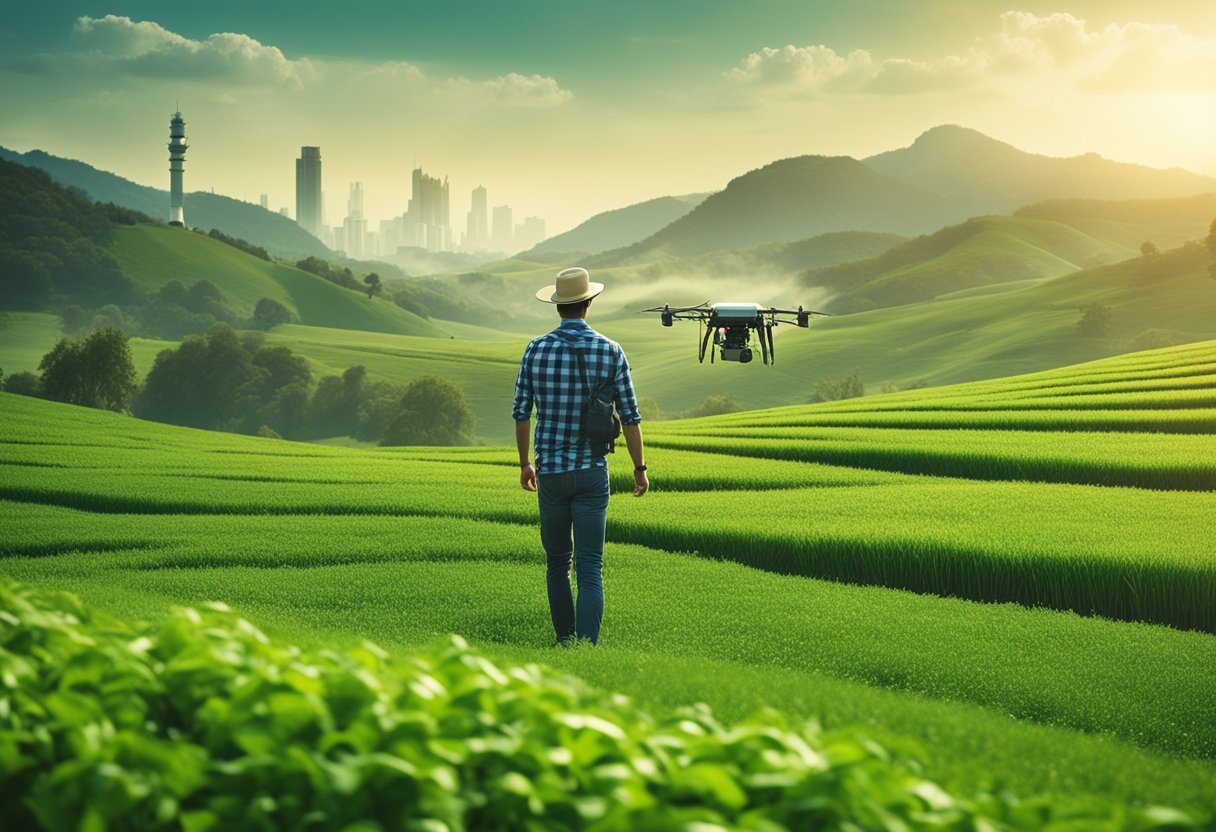 A farmer standing in a lush green field, receiving a financial benefit from the government, with futuristic technology and infrastructure in the background