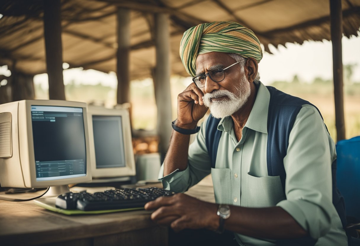 A farmer at a computer, visiting the PM Kisan Tractor Yojana official website to check subsidy details