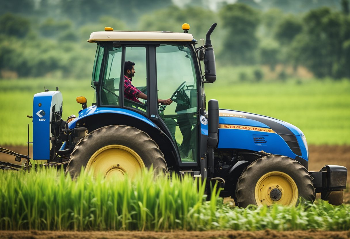 A farmer driving a tractor through a field, with the PM Kisan Tractor Yojana logo displayed prominently on the vehicle