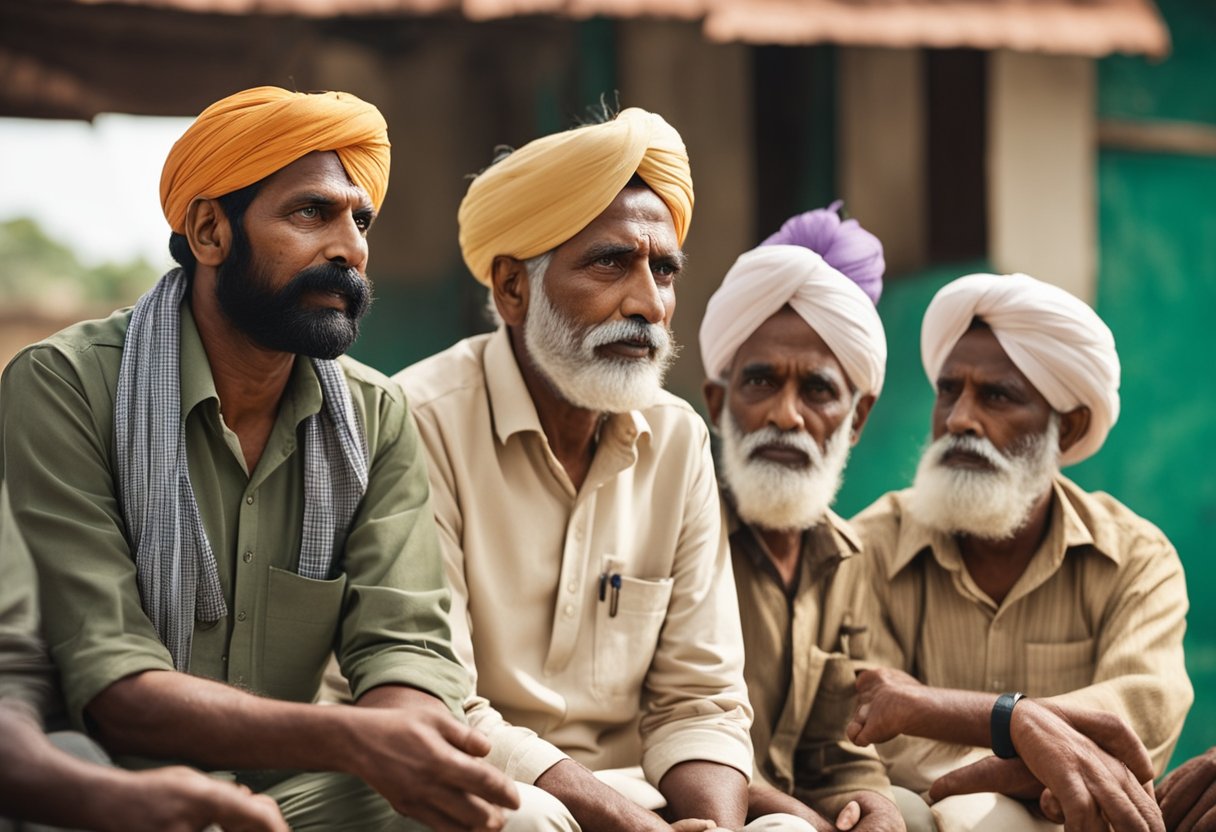 A group of farmers gather at a government office, discussing the controversies surrounding the Pradhan Mantri Kisan Samman Nidhi scheme