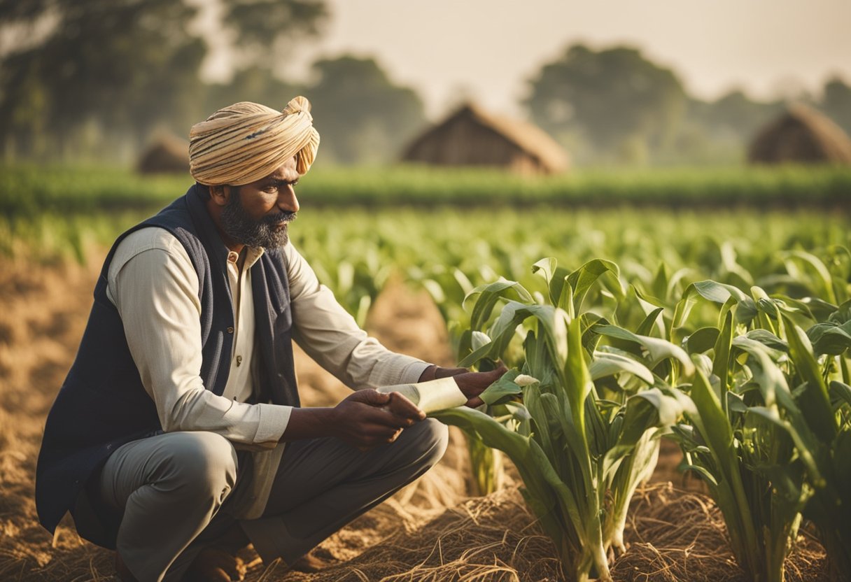 A farmer receiving financial aid under the Pradhan Mantri Kisan Samman Nidhi scheme, surrounded by agricultural fields and livestock