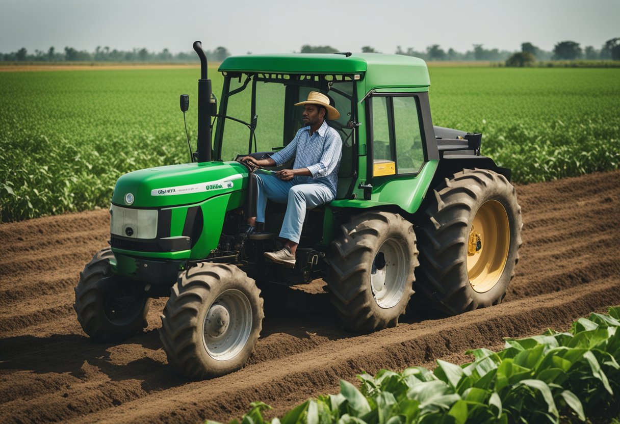 A farmer sitting on a tractor, surrounded by fields and greenery, visiting the PM Kisan Tractor Yojana official website on a laptop